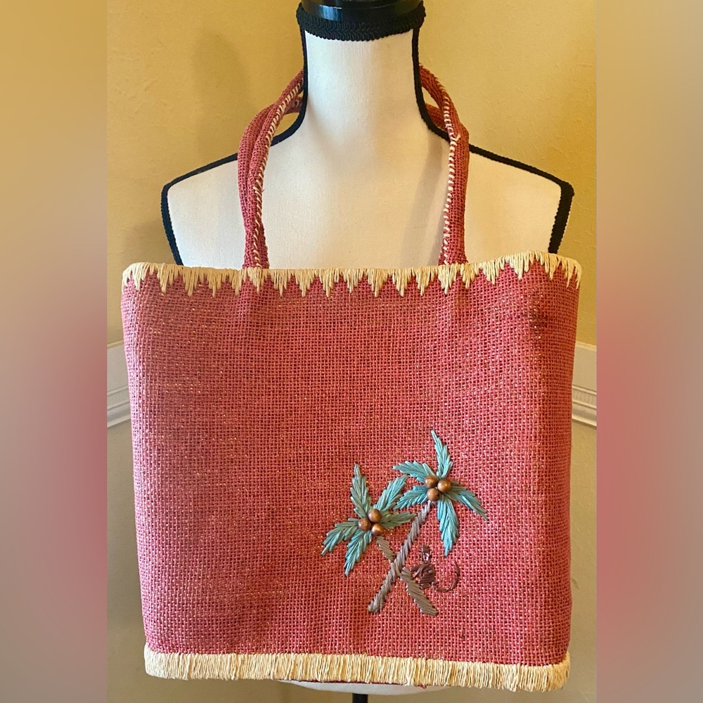HAND WOVEN Tropical Red Tote Bag; still has cardboard inside, never used.